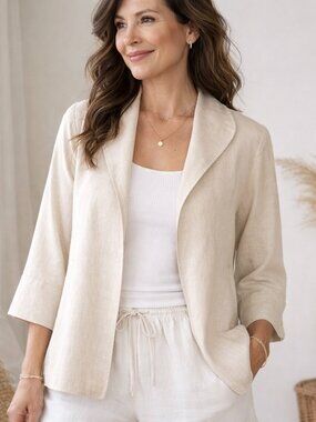 Soft Surroundings 100% Linen Jacket Beige Open Front Boho Minimalist Top L NWOT